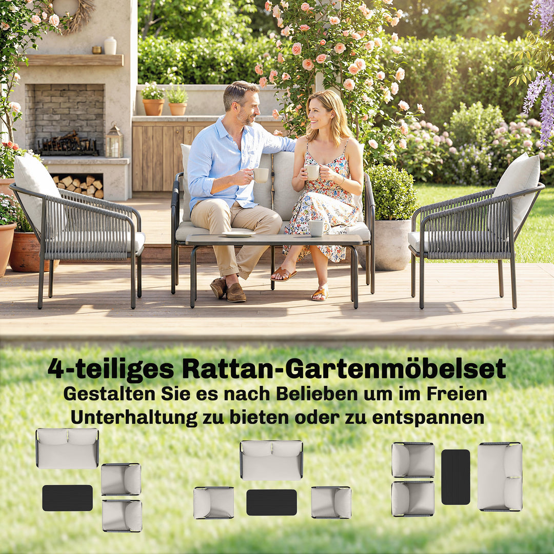 4-delt havemøbelsæt, polyrattan loungesæt med to personer, 2 lænestole, aftageligt sofabord, hynder og bånd.