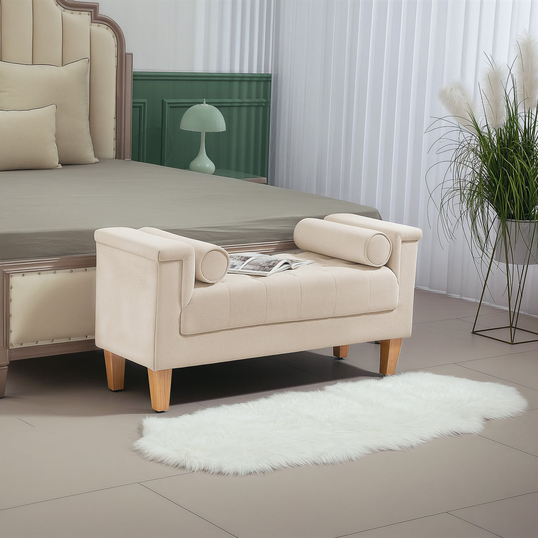 Polstret bænk, vintage design, 2 hynder, chenillebetræk, 115 x 44 x 58 cm, beige