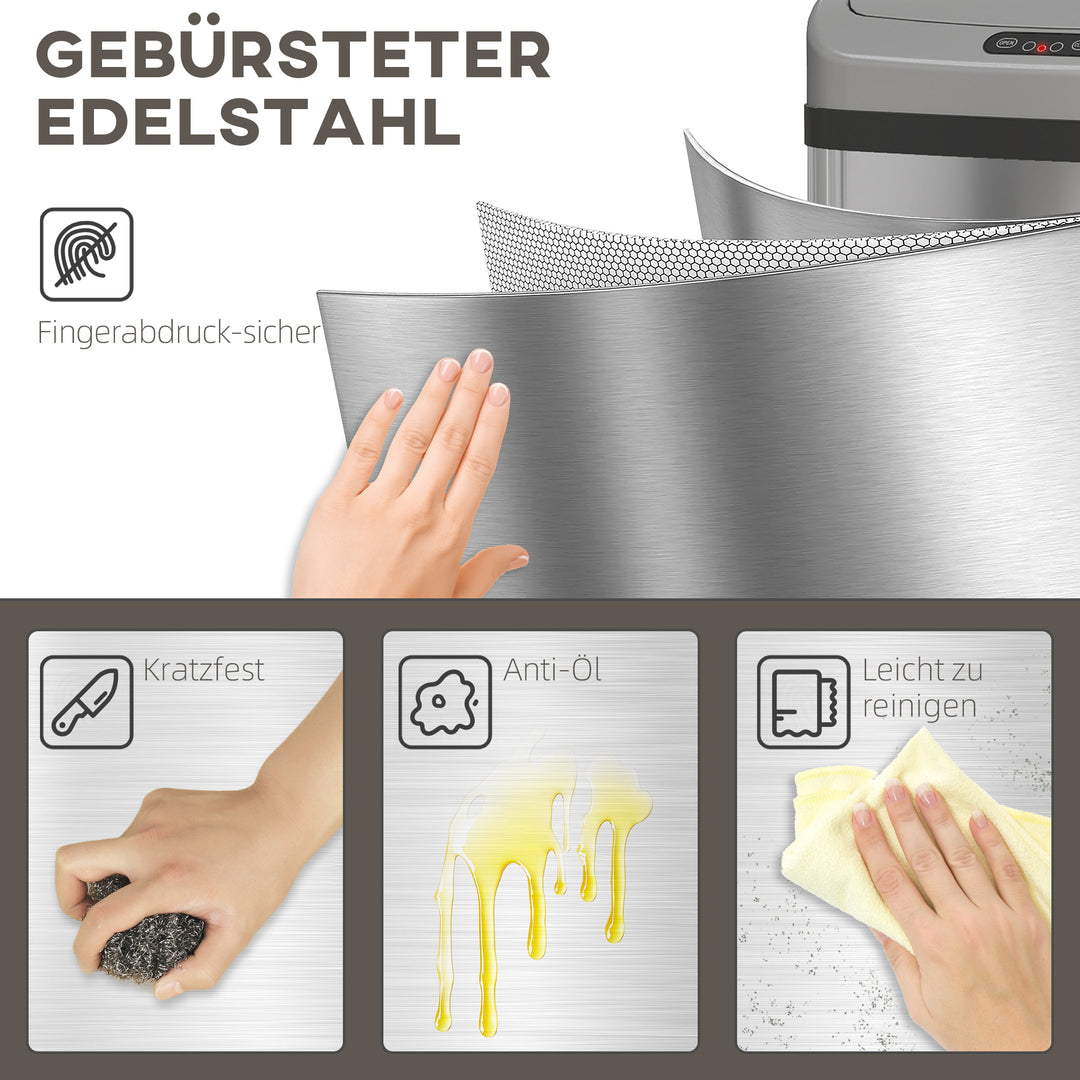 48L sensorstyret skraldespand til køkken eller kontor, automatisk lukkefunktion, rustfrit stål, sølvfarvet