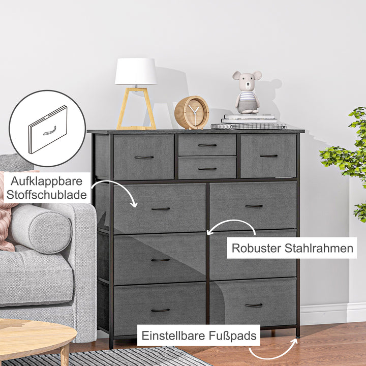 Kommode, skænk med stofskuffer, 10 rum, metalstel, 100x30x100cm, sort