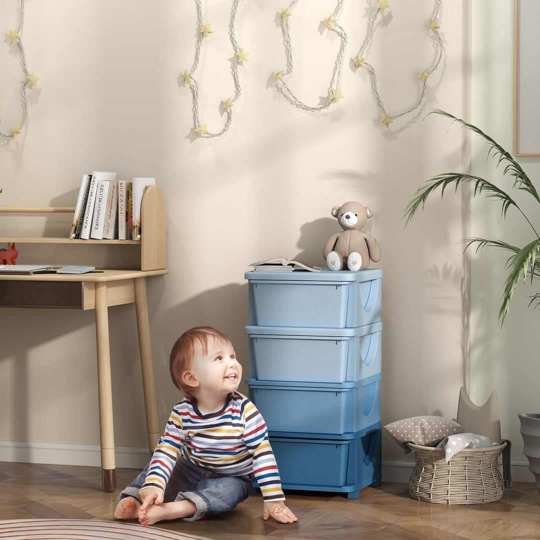 Opbevaringskasser til børn, 4 skuffer, afrundede kanter, hævet design, plastik, blå