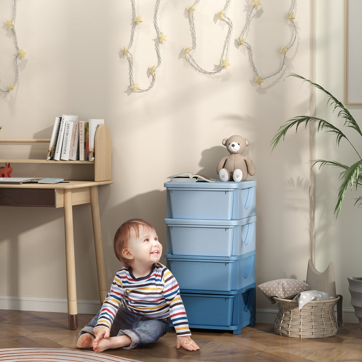 Opbevaringskasser til børn, 4 skuffer, afrundede kanter, hævet design, plastik, blå