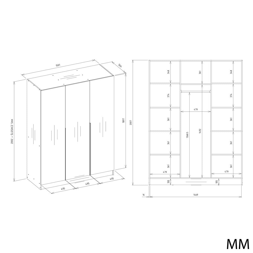 Klædeskab med 3 låger, Bredde: 150 cm Højde: 200 cm Dybde: 56,5 cm, kashmir-beige