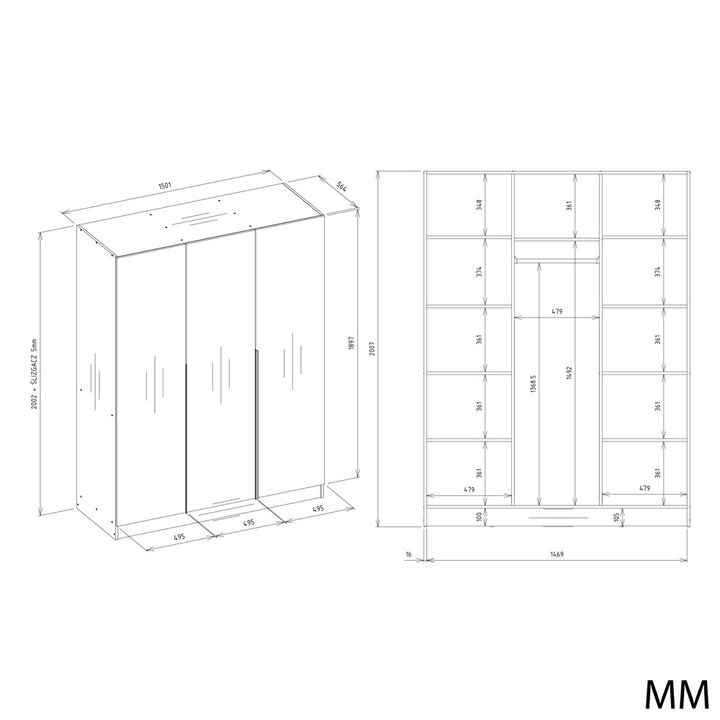 Klædeskab med 3 låger, Bredde: 150 cm Højde: 200 cm Dybde: 56,5 cm, kashmir-beige