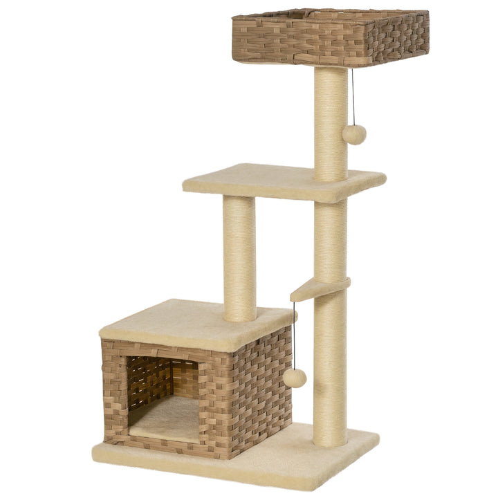 Rattan kradsetræ til katte, kradsetræ til killinger med kattehulebold, sisal, blødt plys, pe, højde 108 cm, brun+beige