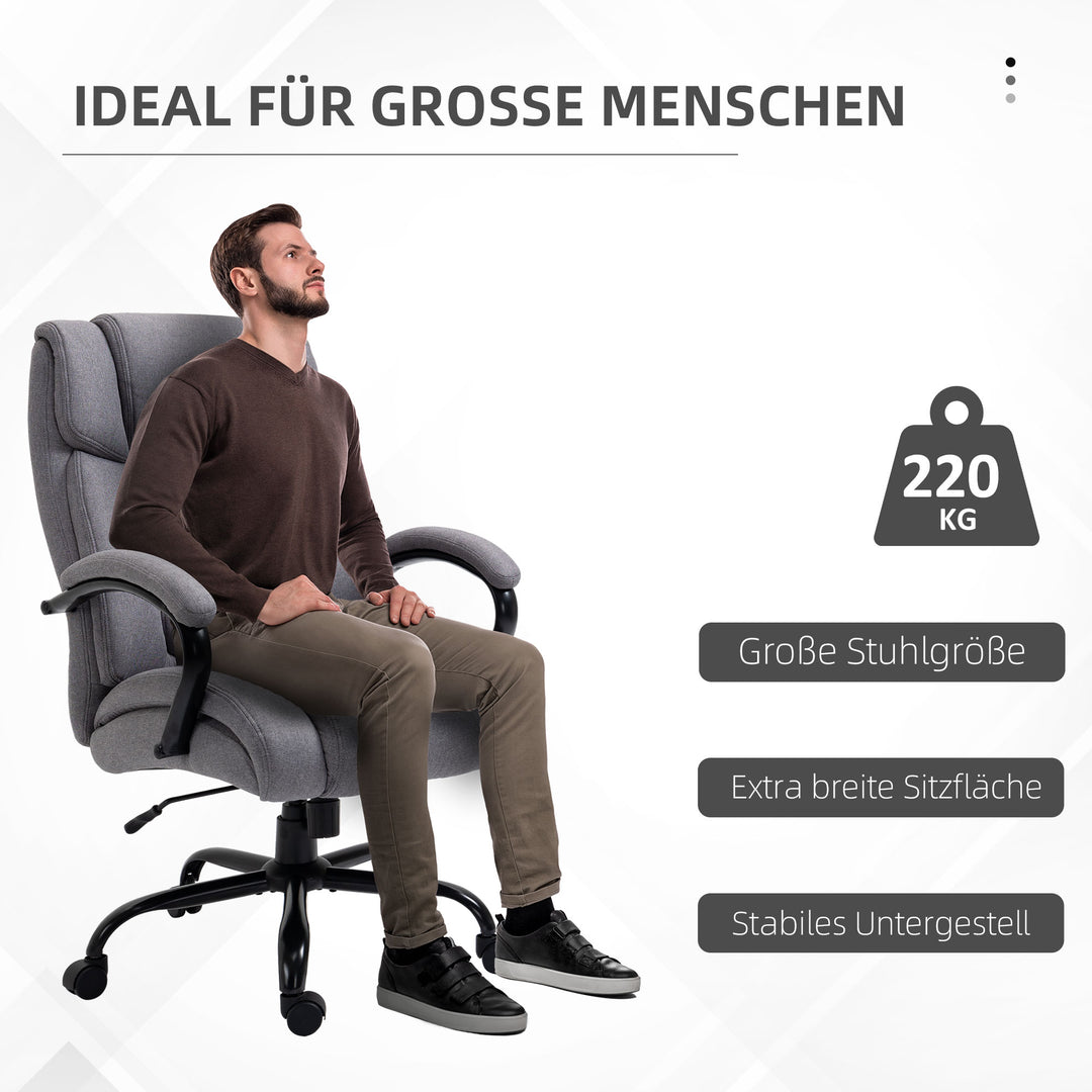 Kontorstol, ergonomisk chefstol, polstret skrivebordsstol med armlæn, højdejusterbar drejestol med vippefunktion, linnedlook, lasteevne op til 220 kg, lysegrå