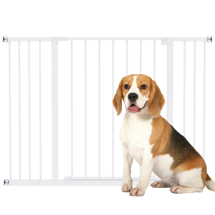 Dørsikkerhedslåge, trappesikkerhedslåge uden boring, hundebarrierer, kæledyrssikkerhedslåge, hundegitter, klemmemontering, metal, hvid, 76-107 x 76 cm