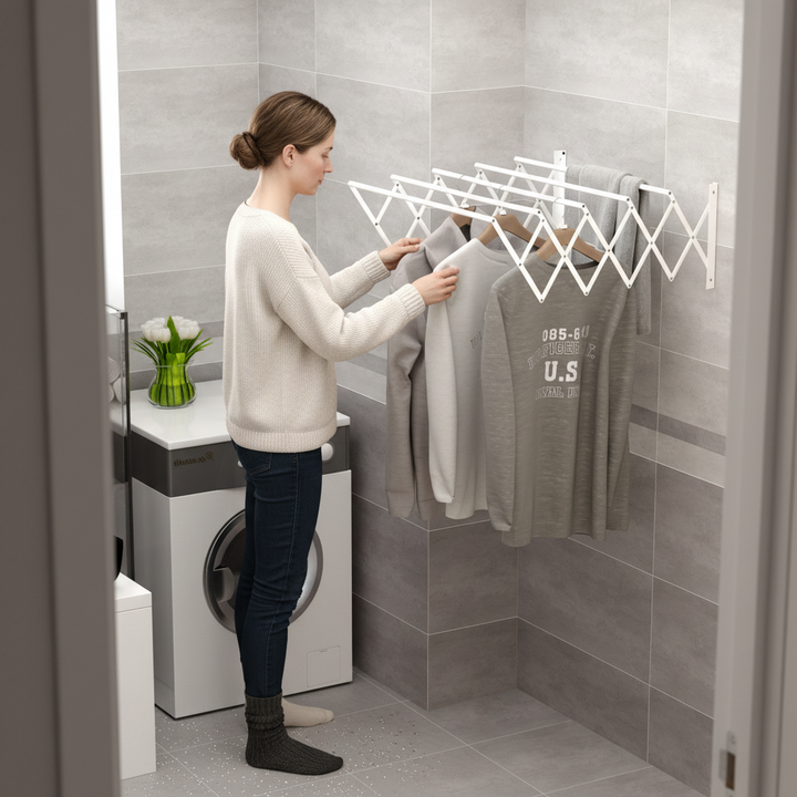 Vægmonteret tørrestativ, udtrækkelig, foldbar, pladsbesparende, hvid, 63,5 x 60 x 20 cm