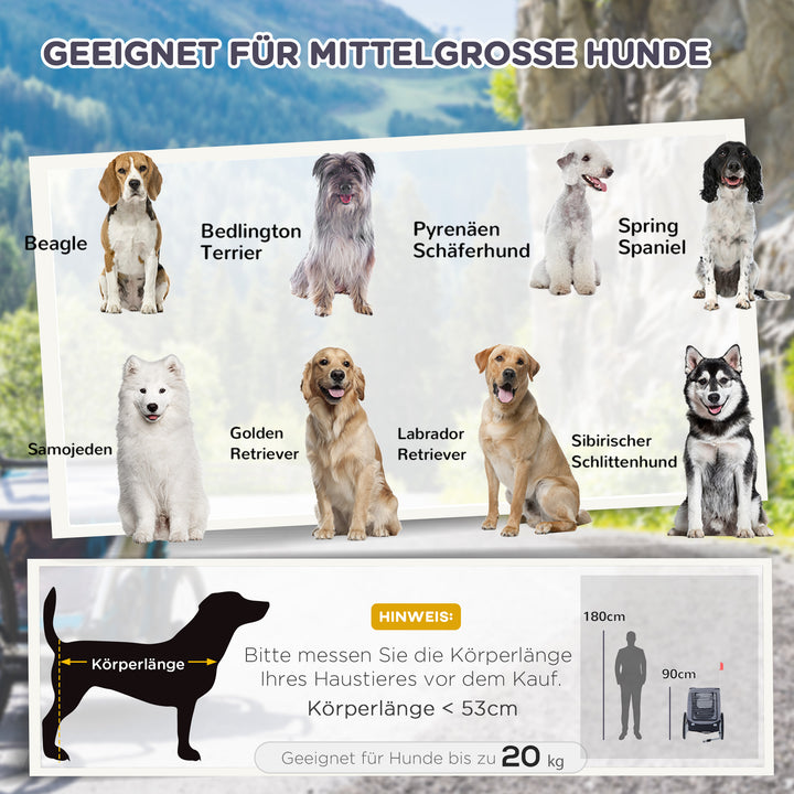 Hundetrailer, cykeltrailer op til 20 kg, foldbar med universalkobling, reflekser, flag, opbevaringsbar, stål+polyester, grå+sort, 130 x 73 x 90 cm