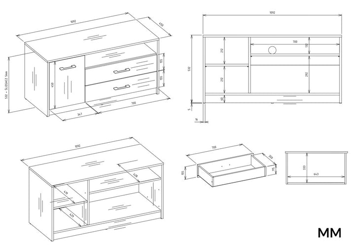 Moderne TV-bord / TV-skab, kommode,  antracit og naturfarvet