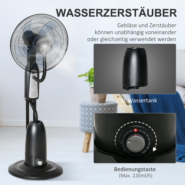 Sokkelventilator/luftfugter med 2,8L tank, 3 tilstande, fjernbetjening, bærbar, sort, Ø44,5 x 120 cm