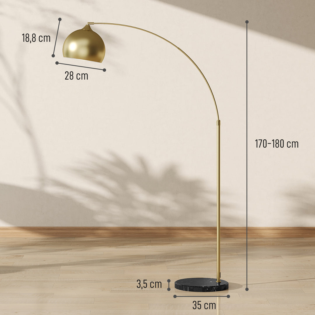 Bueformet gulvlampe, højdejusterbar, fodkontakt, marmorbase, 170-180 cm, guld/sort