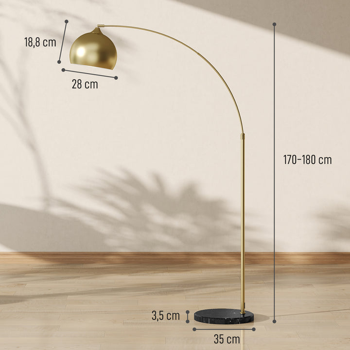 Bueformet gulvlampe, højdejusterbar, fodkontakt, marmorbase, 170-180 cm, guld/sort