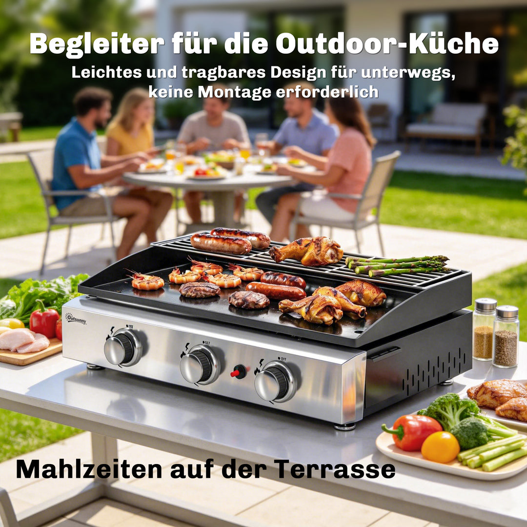 Gasgrill 7,5 KW Bærbar bordgrill med 3 brændere Keramisk belægning Grillrist Varmeplade