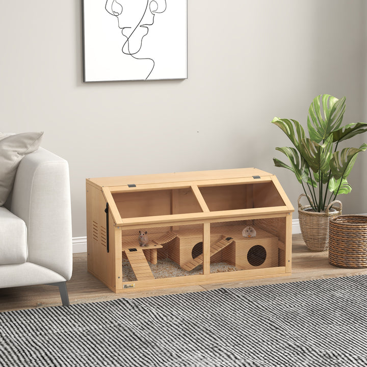 Hamsterbur til syriske hamstere og dværghamstere, med platform, hængebro og bur, 85x45x44 cm