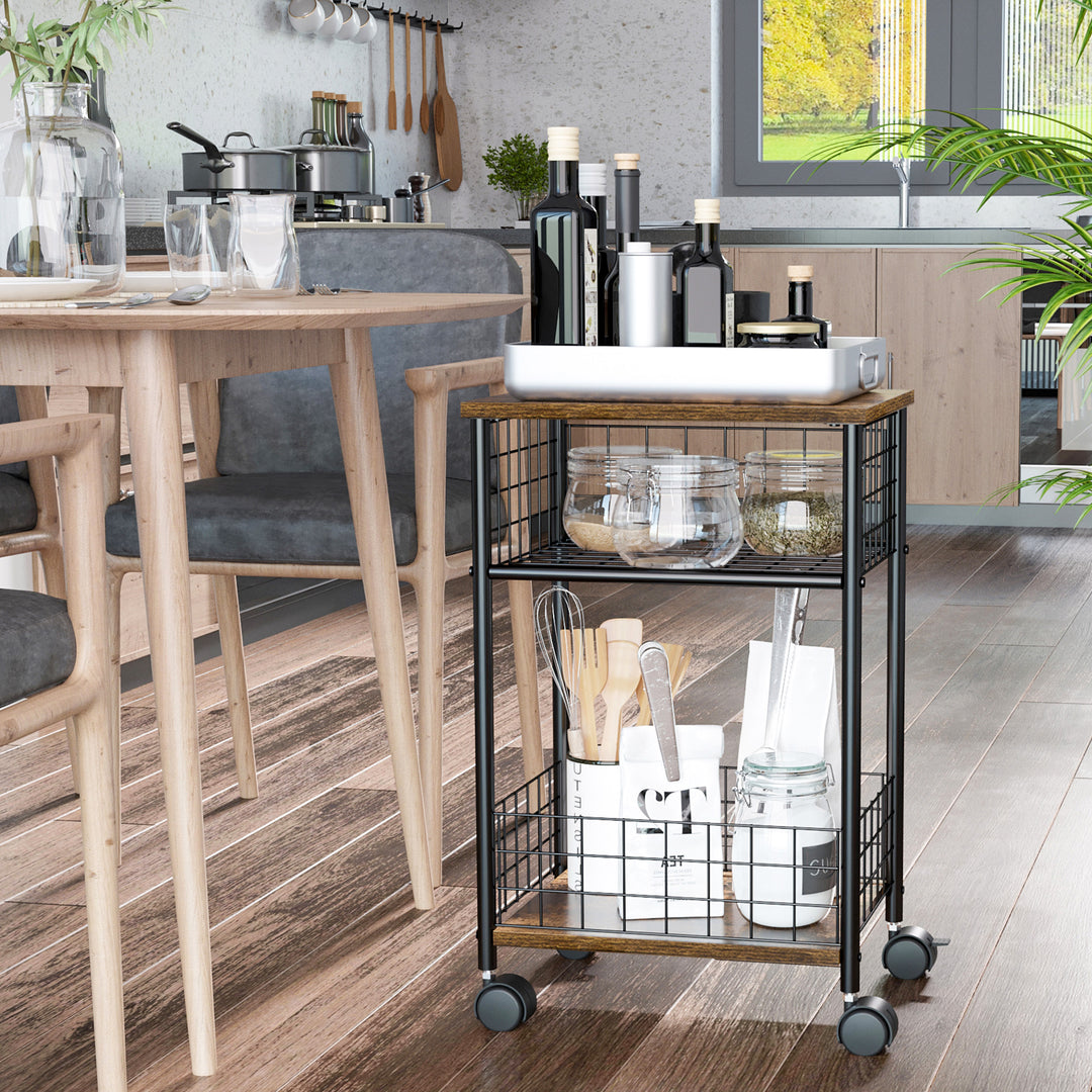 Køkkenvogn i industrielt design 1 hylde 1 opbevaringskurv 4 hjul 40 cm x 30 cm x 62 cm stål sort + brun