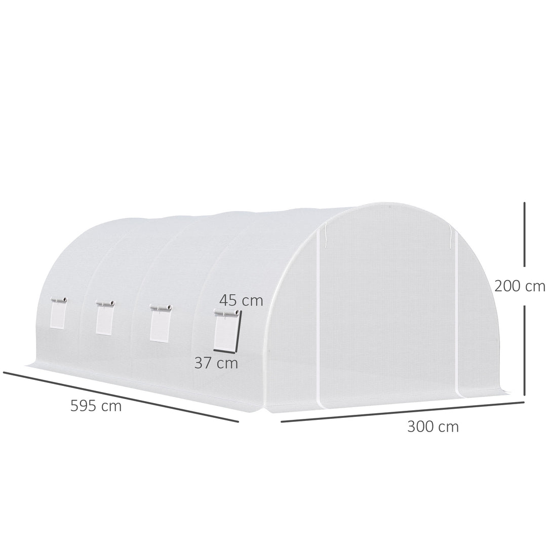 Drivhus 595x300x200cm, polytunneldrivhus, tomathus med dør, vindue, galvaniseret stålpolytunnel, plantetunnel, drivhus inklusive jordankre og reb, havetunnel, hvid
