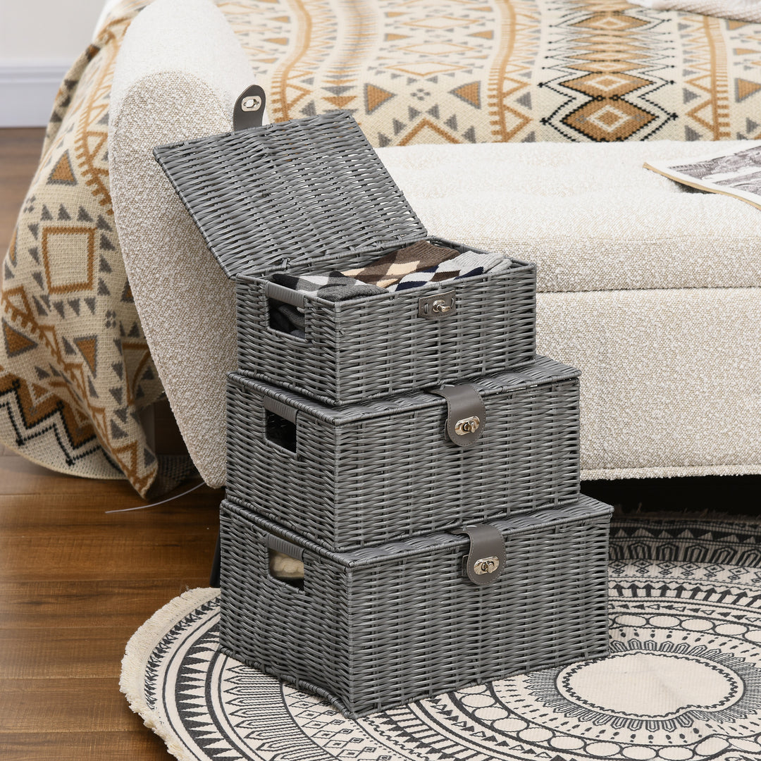 Sæt med 3 opbevaringskurve i pe-rattan med lukning og håndtag, 35,5 cm x 28,5 cm x 18 cm, grå
