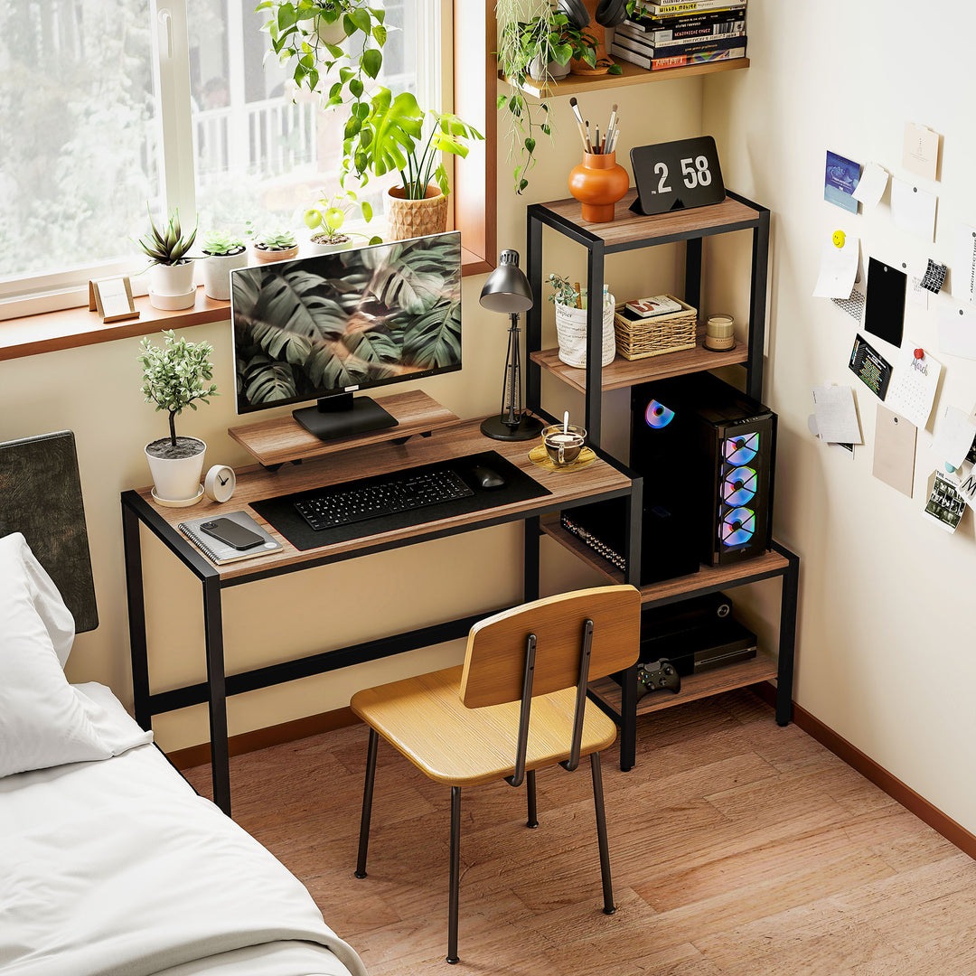 Computerbord med skærmstativ, skrivebord med 4-lags hylde, industrielt design, brun