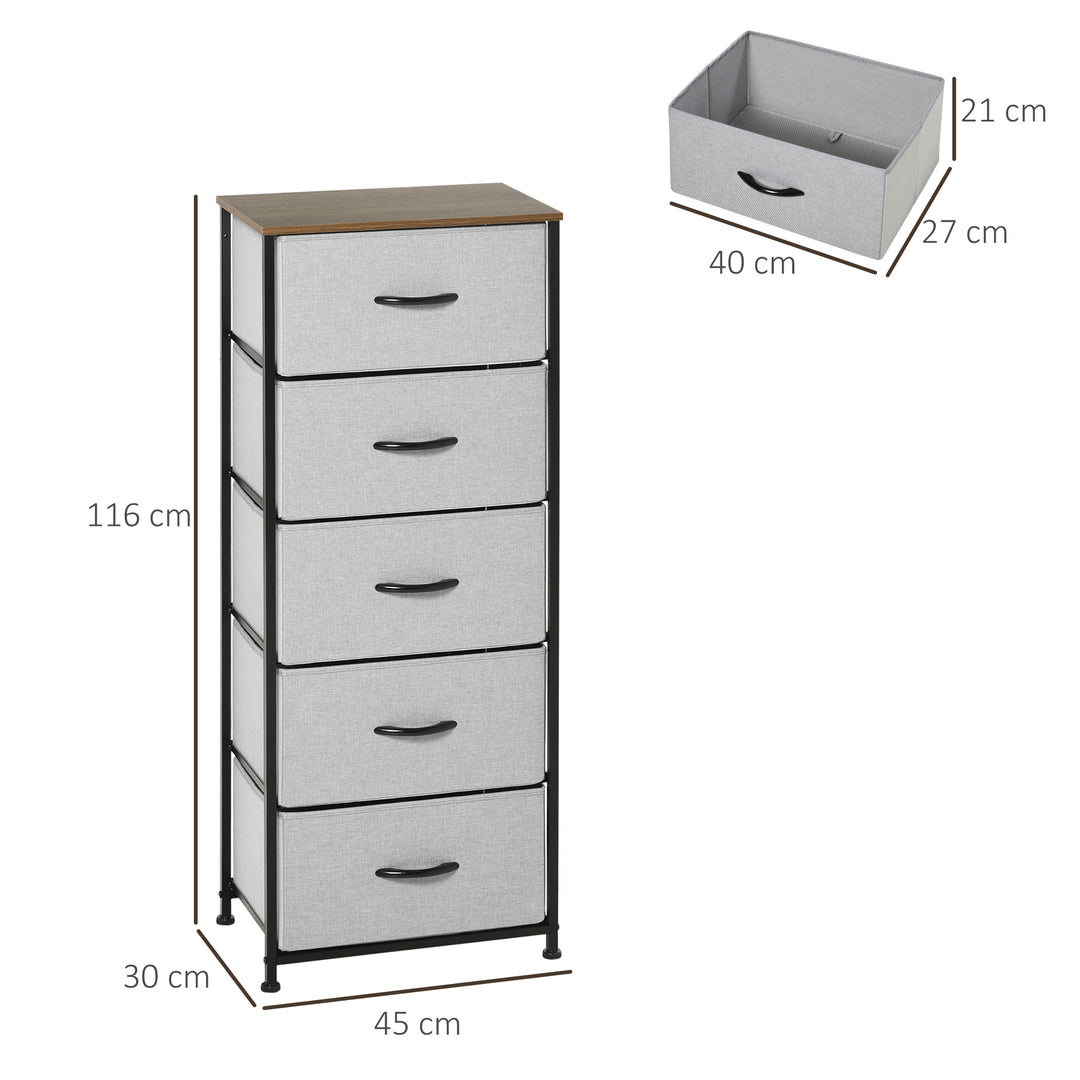 Kommode med 5 skuffer, stofopbevaring og håndtag, 45 x 30 x 116 cm, grå