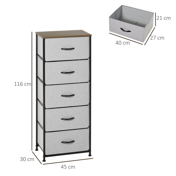 Kommode med 5 skuffer, stofopbevaring og håndtag, 45 x 30 x 116 cm, grå