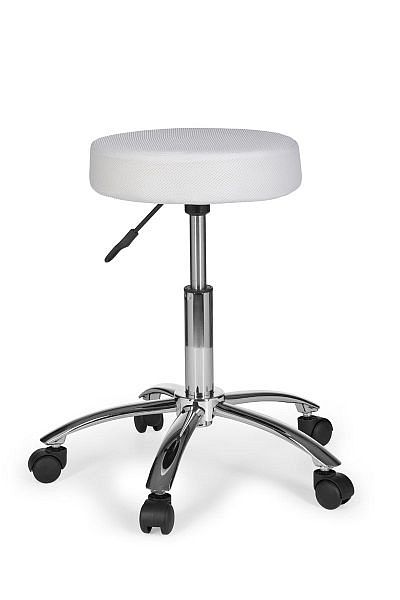Designer arbejdsskammel / taburet med hjul og stofbetræk, hvid