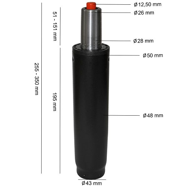 Gasfjeder til kontorstol, 195mm / 50mm, sort