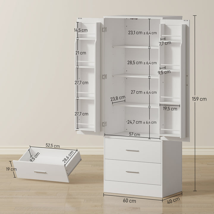 159 cm køkkenskab, justerbare hylder, 2 skuffer, til køkken, spisestue, spånplade, MDF, hvid