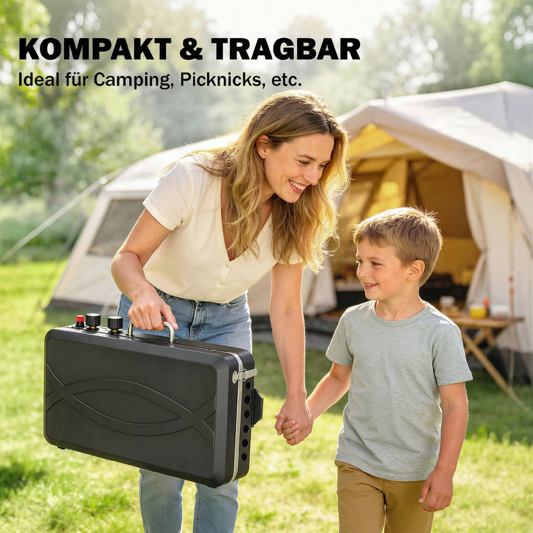 Bærbar gasgrill, 2 brændere, 7 kW, 2-i-1 bordgrill med stegefunktion, foldbare ben, grillrist, vindskærm, låg og låsemekanisme.
