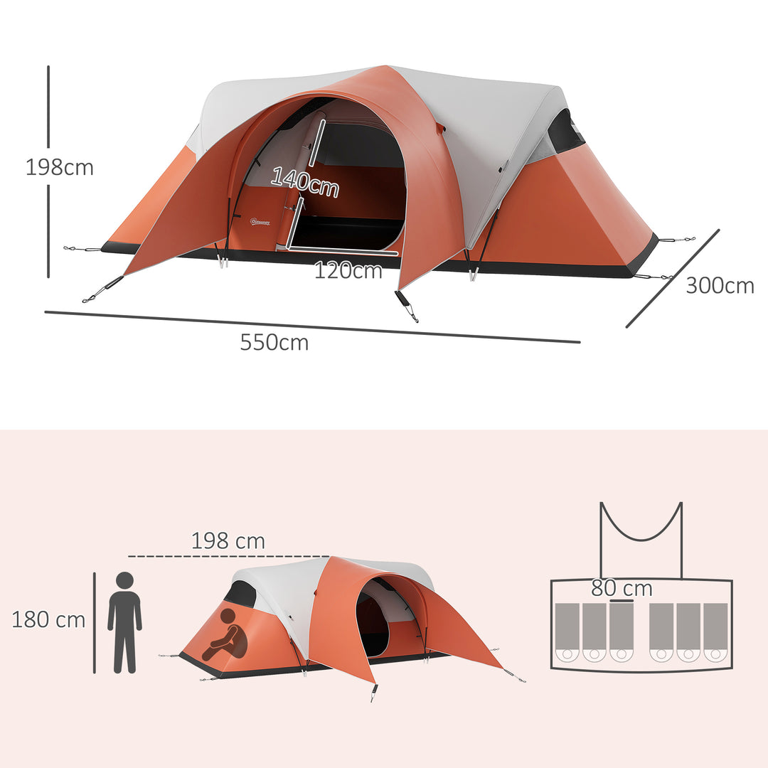 Campingtelt til 5-6 personer, familietelt, vandtæt, med markise, 550 x 300 x 198 cm, orange