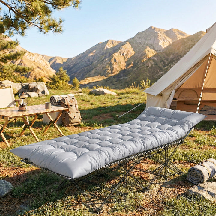 Campingmåtte, foldbar, 8 cm tyk campingmadras med skridsikkert betræk og stropper til camping, 200 x 80 cm, lysegrå