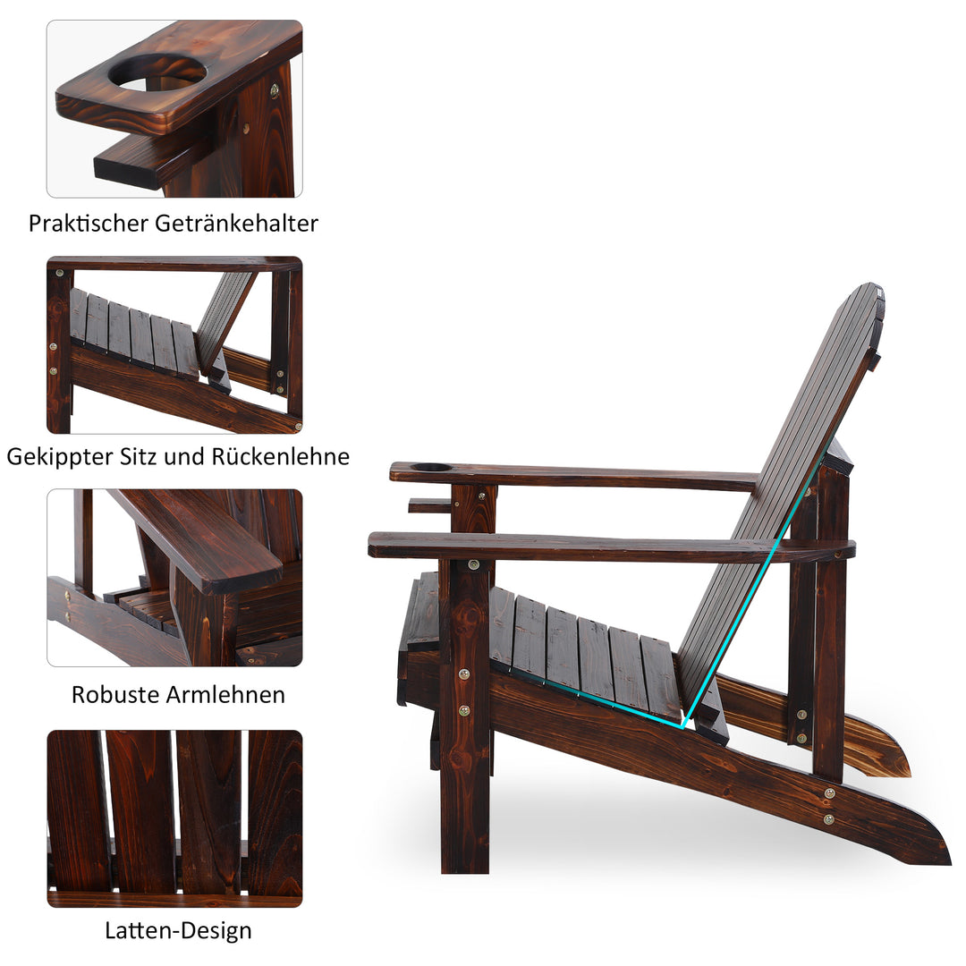 Adirondack havestol med kopholder, haveliggestol, balkonstol, massivt træ, forkullet, 72 x 95 x 93 cm