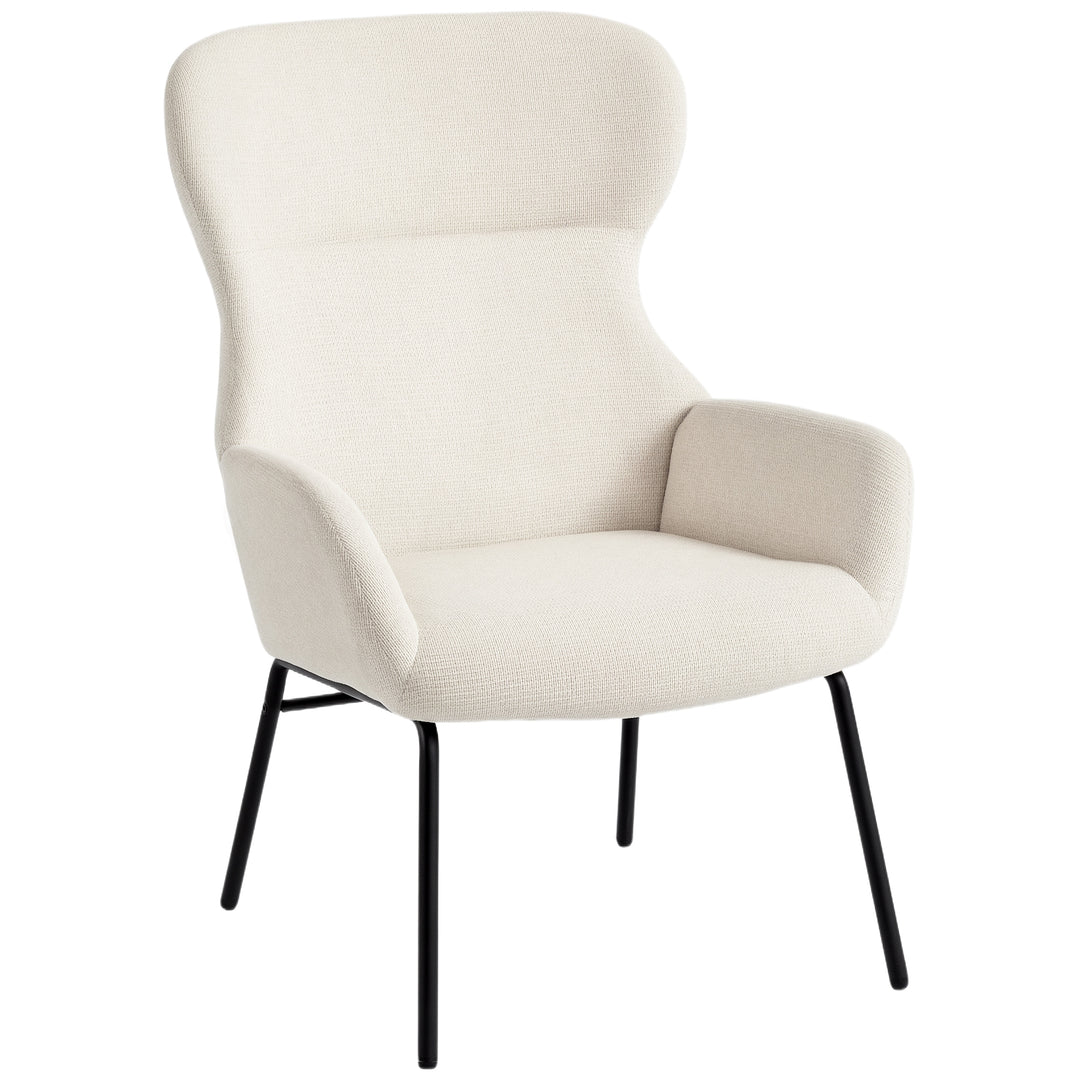 Moderne polstret stol i wingback-stil, høj ryglæn, tyk polstring, stålben, cremehvid