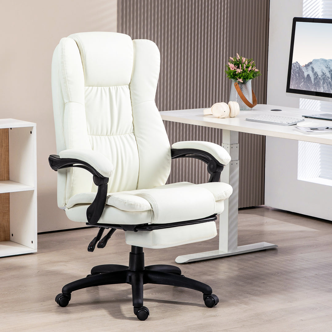 Justerbar drejestol med fodstøtte, nakkestøtte, massagefunktion, kunstlæder, 68,5x68,5x113-121cm, cremehvid