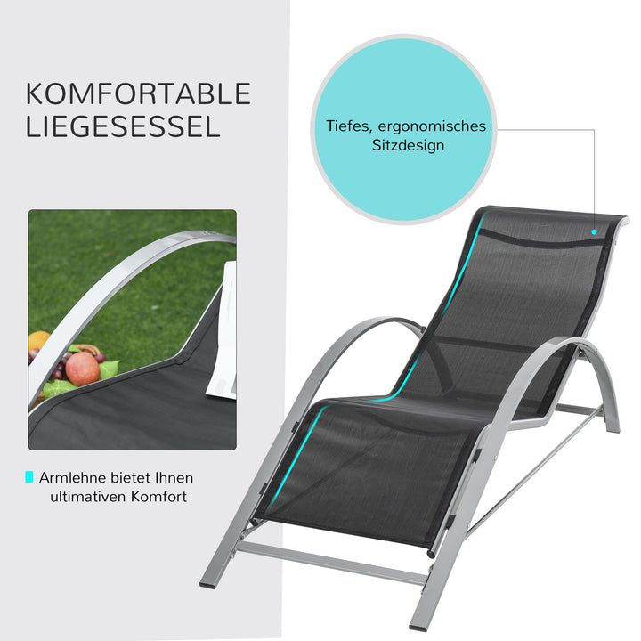 Have liggestolesæt, metalnet, 3 dele. Solseng med tebord. Havemøbelsæt med 2 liggestole, 1 sidebord. Havesiddegruppe til haven, balkonen. 59B x 169D x 66H cm. Sort+Sølv