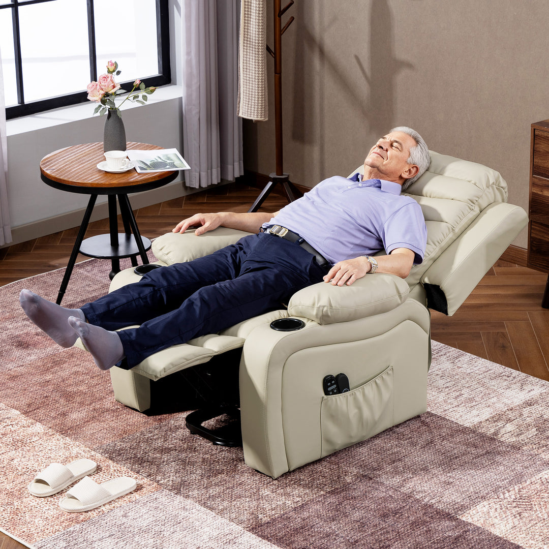 Elektrisk TV-lænestol med løftefunktion, massage, varme, USB-porte, PU, creme