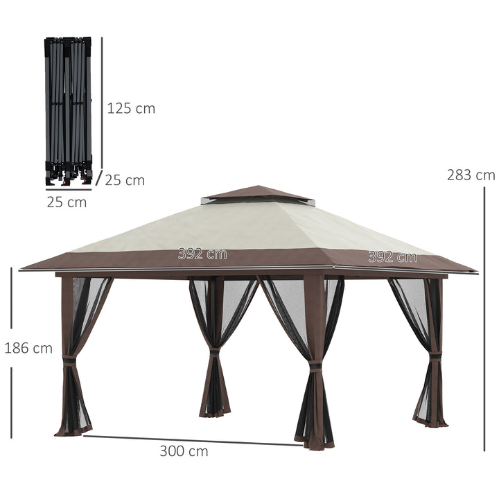 Foldbar pavillon, højdejusterbar, 4 netvægge, ventileret tag, bæretaske, hurtig montering, 4 x 4 x 3 m, beige