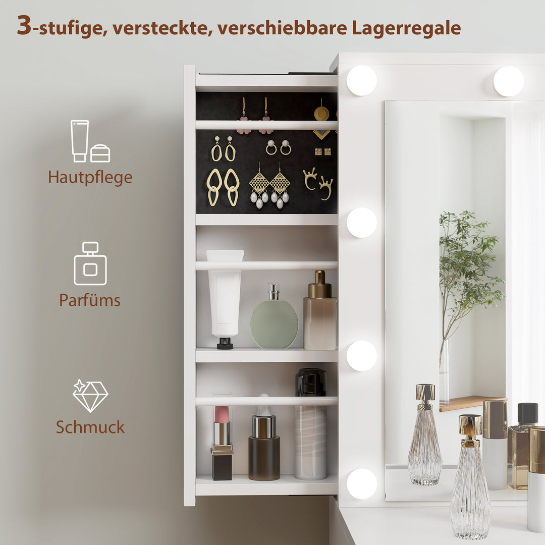 Toiletbord med spejl og 12 led-lys, sminkebord med 7 skuffer, 6 skjulte opbevaringsrum, spånplade, hvid