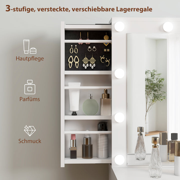 Toiletbord med spejl og 12 led-lys, sminkebord med 7 skuffer, 6 skjulte opbevaringsrum, spånplade, hvid