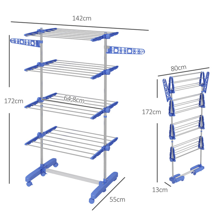 Tørrestativ med 5 niveauer, foldbar, et-klik-system, 142 cm x 55 cm x 1,72 cm, blå + sølv