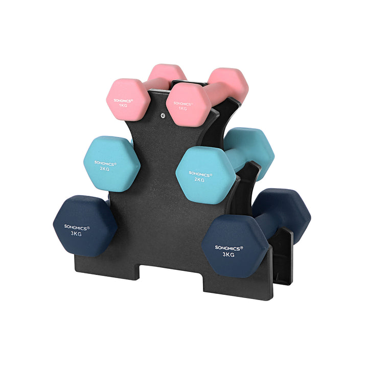 Hex-håndvægtssæt med stativ – 2 x 1 kg, 2 x 2 kg, 2 x 3 kg, neoprenmat finish, håndvægte til hjemmetræning, pink, aqua og blå