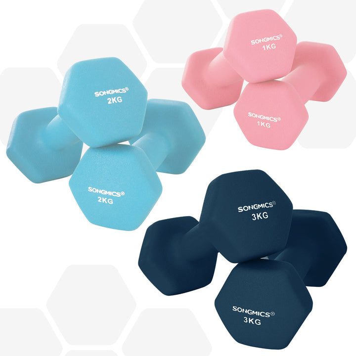 Hex-håndvægtssæt med stativ – 2 x 1 kg, 2 x 2 kg, 2 x 3 kg, neoprenmat finish, håndvægte til hjemmetræning, pink, aqua og blå