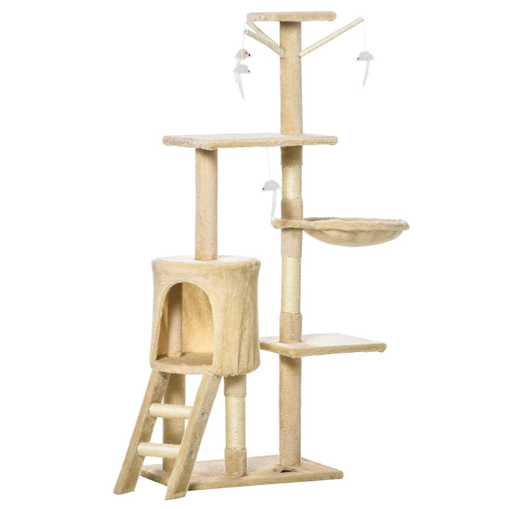 Kradsetræ 134,2 cm kattetårn med hule, 2 sisal-legetøjsstolper, stor platform, trappe, kradsetræ i flere niveauer, klatretræ, til mellemstore katte, beige+hvid