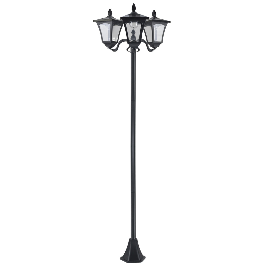 Solcellehavelanterne med 3 lys, lanternestang i rustfrit stål, solcellelanterne med LED 120 lumen, 51,5x47x182,5 cm, stilampe IP44 til havebalkon, sort