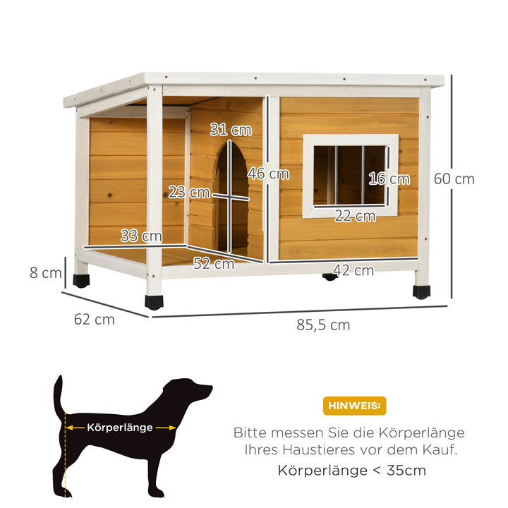 Hundehus med veranda, hængslet tag, vindue, justerbare fødder, naturtræ, orange, 85,5 x 62 x 60 cm