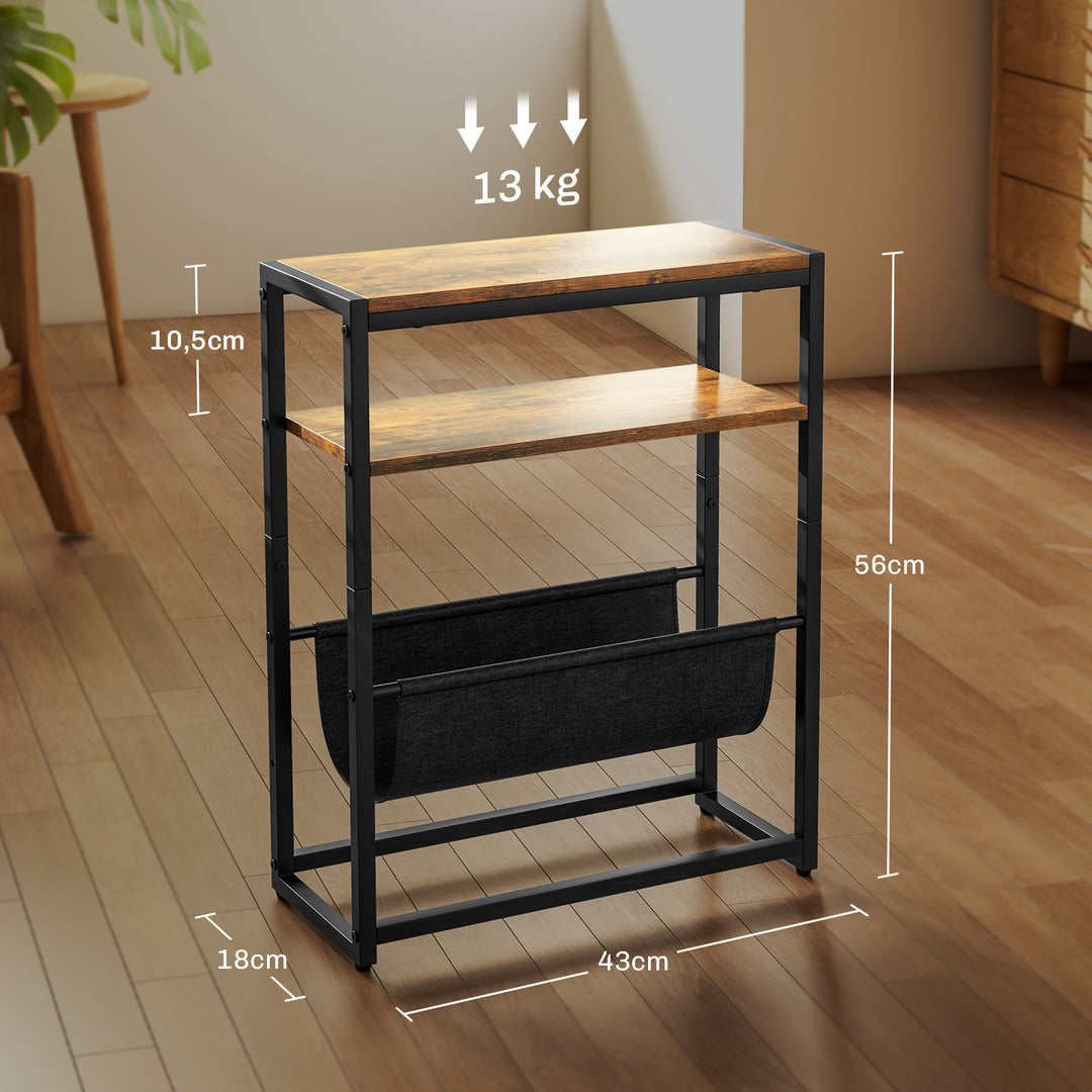 Sidebord, sofabord med 3-lags hylde, V-formet magasinholder, 43 x 18 x 56 cm, rustik brun