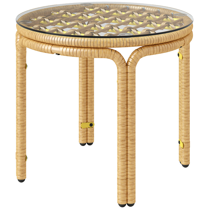 Sidebord lavet af polyrattan rundt sofabord med glasbordplade natbord ø50 cm gul