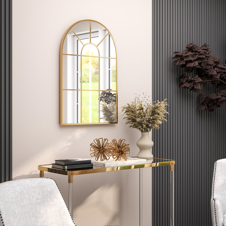 Vægspejl, vinduesdesign, entréspejl, metalramme, 91 x 60 cm, guld