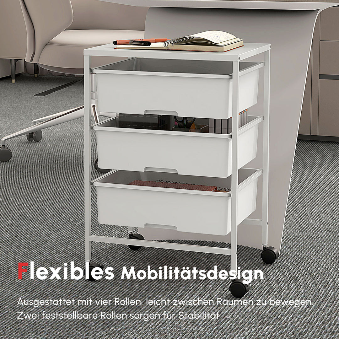 Sidebord med hjul, 3 kurve til transport og opbevaring, køkkenrulle, 40,8L x 33,5B x 60,5H cm, hvid