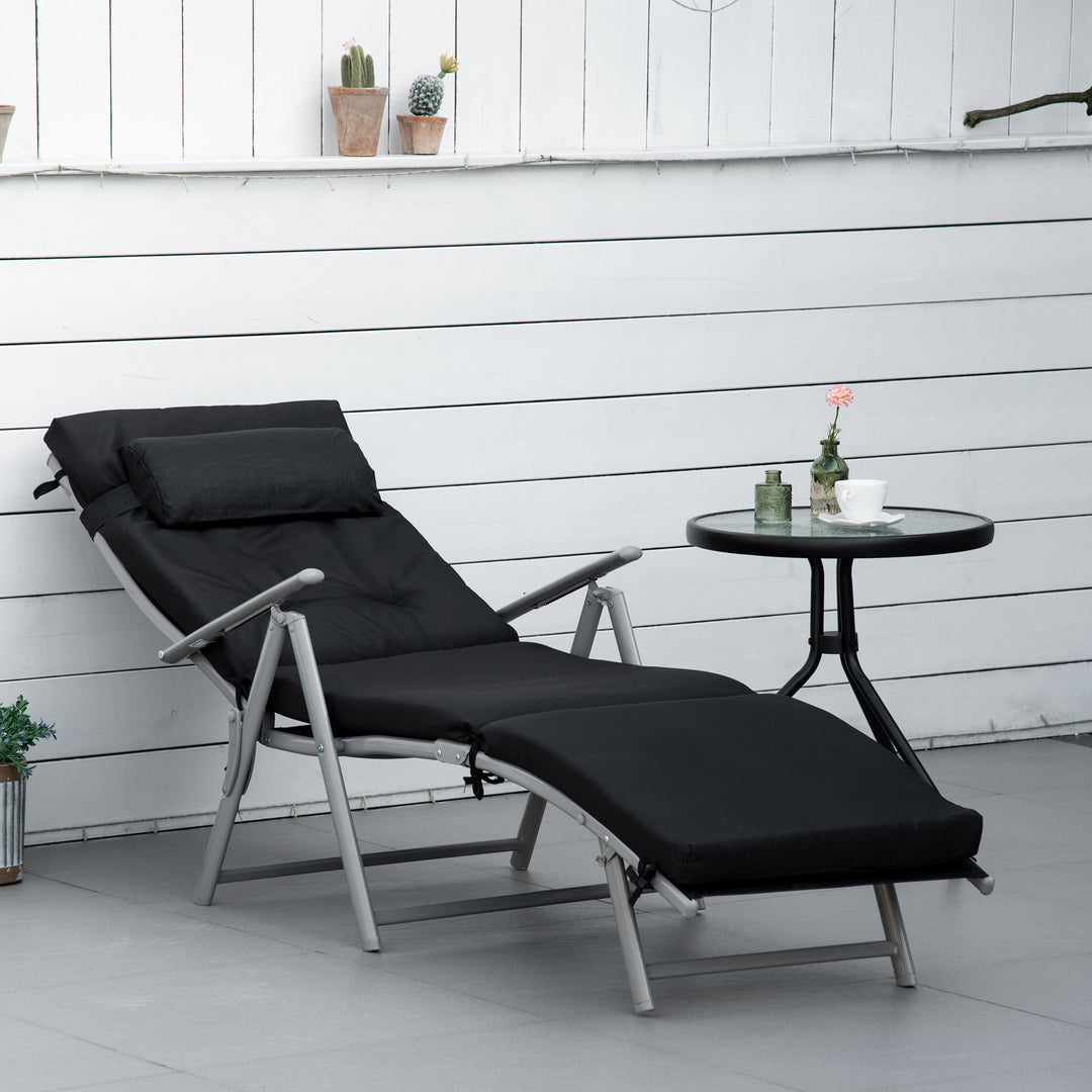 Foldbar solseng med nakkestøtte og sædehynde, liggestol med 7-vejs justerbar ryglæn, haveliggestol, afslapningsliggestol, lasteevne op til 165 kg, til haveferie, udendørs, sort
